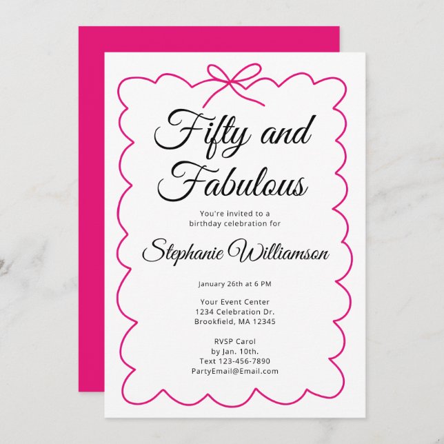 Invitación Fifty and Fabulous Whimsical Pink and Black Script (Anverso / Reverso)