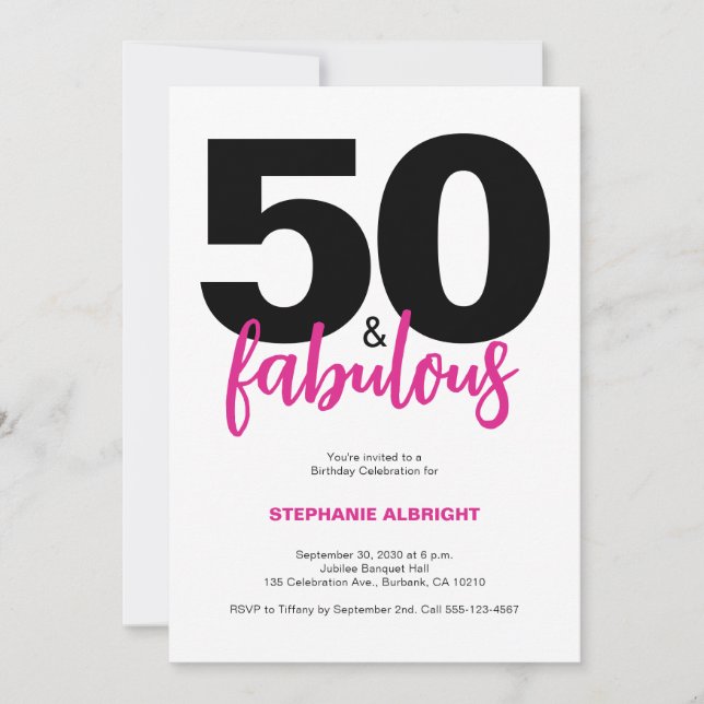 Invitación Fifty and Fabulous White Pink 50th Birthday Party (Anverso)
