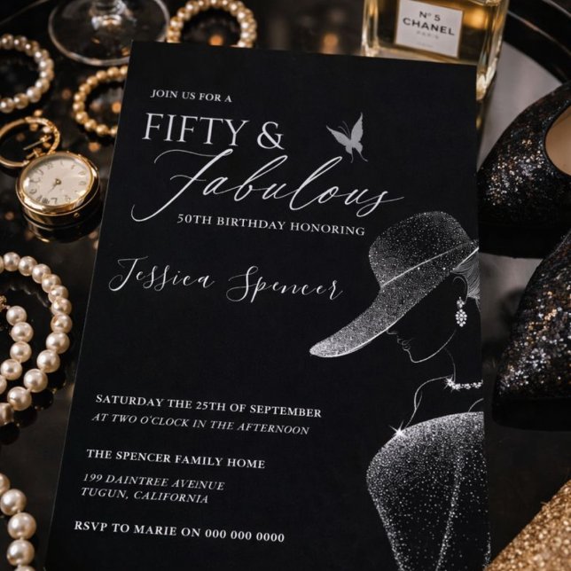 Invitación Fifty & Fabulous Black Glam 50th Birthday (Subido por el creador)