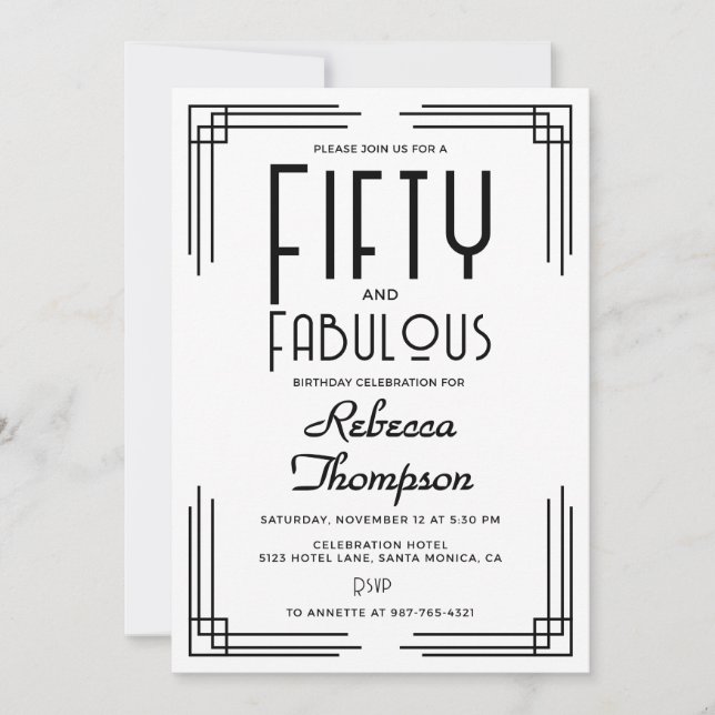 Invitación Fifty Fabulous Black White Art Deco 50th Birthday (Anverso)