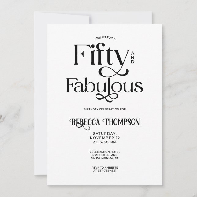 Invitación Fifty Fabulous Black White Script 50th Birthday (Anverso)