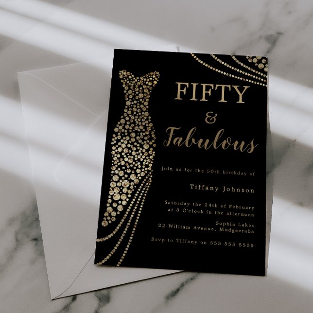 Invitación Fifty & Fabulous Elegant Gold Dress 50th Birthday (Subido por el creador)