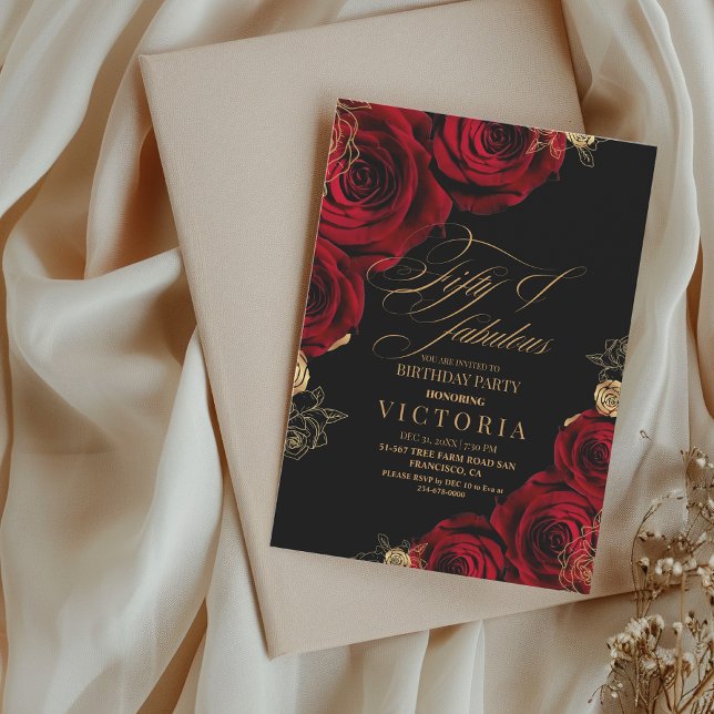 Invitación Fifty & Fabulous Gold Red Rose 50th Birthday (Subido por el creador)
