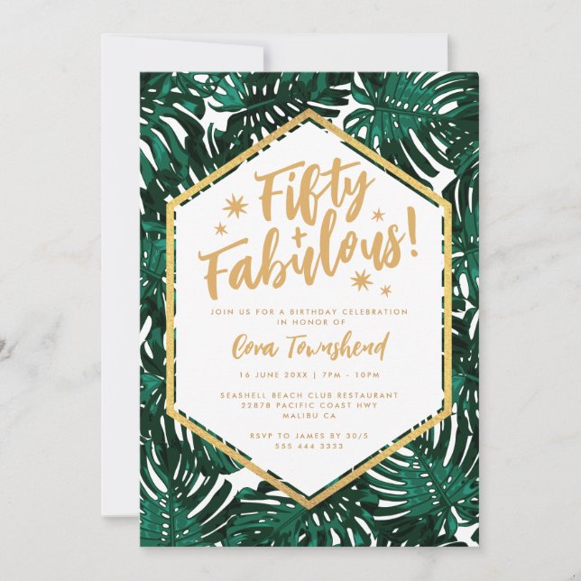 Invitación Fifty + Fabulous Green Tropical 50th Birthday (Anverso)