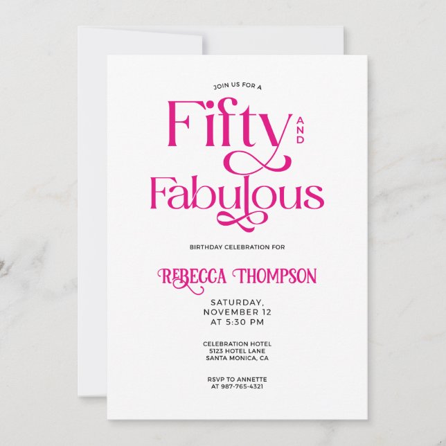 Invitación Fifty Fabulous Hot Pink Script 50th Birthday (Anverso)