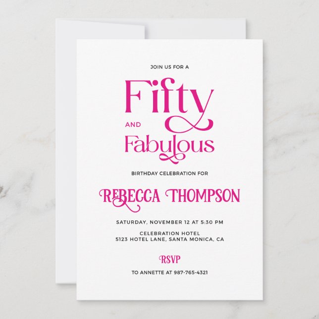 Invitación Fifty Fabulous Hot Pink Script 50th Birthday (Anverso)