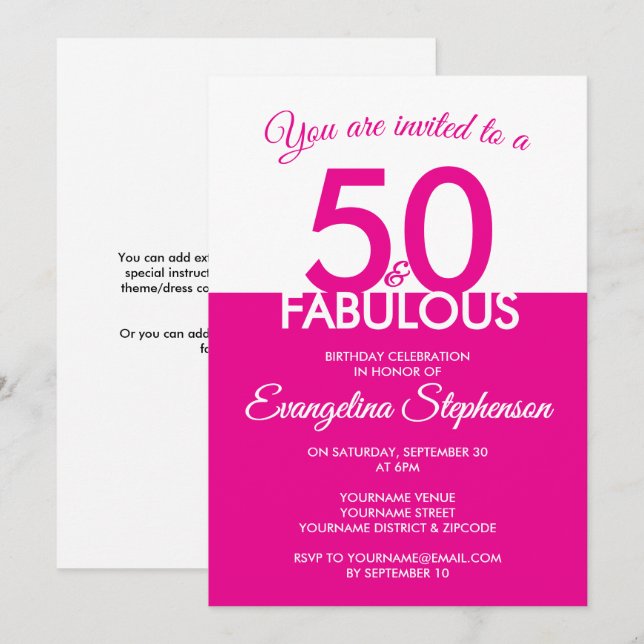 Invitación Fifty Fabulous Modern Pink White 50th Birthday  (Anverso / Reverso)