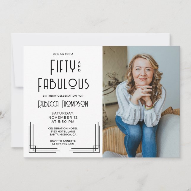 Invitación Fifty Fabulous Photo Art Deco Black 50th Birthday (Anverso)
