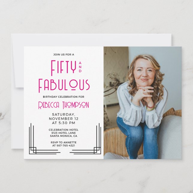 Invitación Fifty Fabulous Photo Art Deco Pink 50th Birthday (Anverso)
