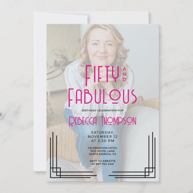 Invitación Fifty Fabulous Photo Pink Art Deco 50th Birthday (Anverso)