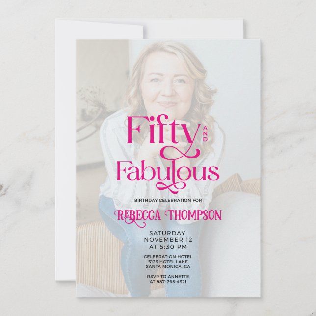 Invitación Fifty Fabulous Photo Pink Script 50th Birthday (Anverso)