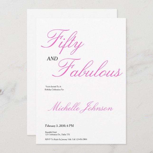 Invitación Fifty & Fabulous Pink 50th Birthday Party (Anverso / Reverso)