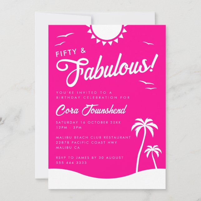 Invitación Fifty & Fabulous Pink Beach 50th Birthday Party (Anverso)