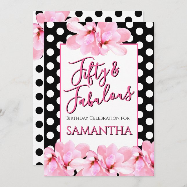 Invitación Fifty & Fabulous Pink Floral Black Birthday (Anverso / Reverso)