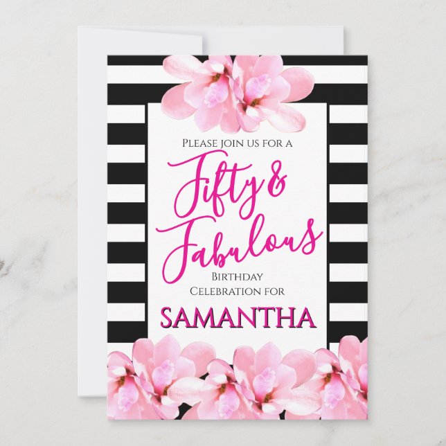 Invitación Fifty & Fabulous Pink Floral Black Stripe Birthday (Anverso)