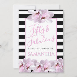 Invitación Fifty & Fabulous Pink Floral Black Stripe Birthday