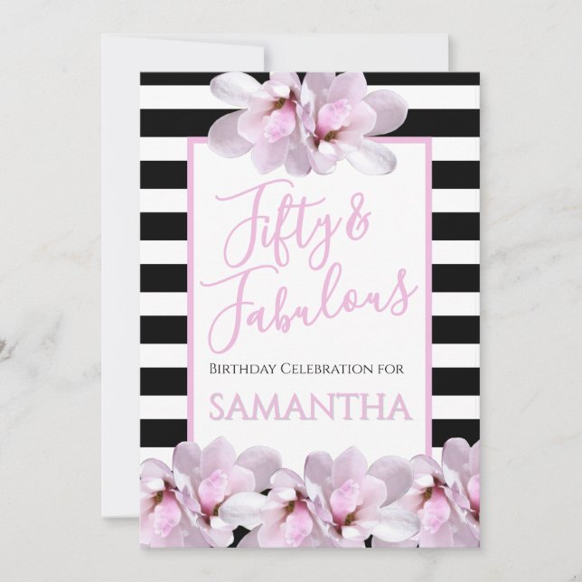 Invitación Fifty & Fabulous Pink Floral Black Stripe Birthday (Anverso)