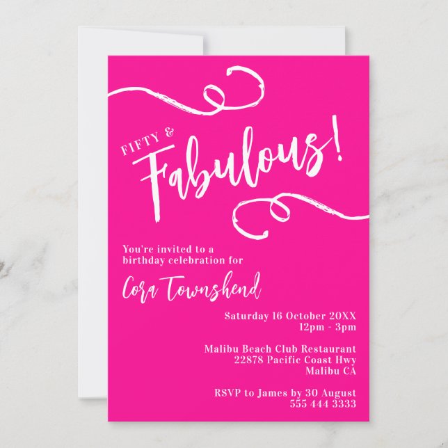 Invitación Fifty & Fabulous Pink Script 50th Birthday Party (Anverso)