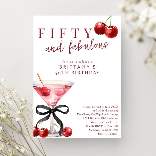 Invitación Fifty & Fabulous Red Cherry Martini 50th Birthday (Subido por el creador)
