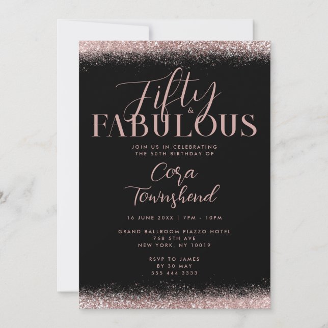 Invitación Fifty & Fabulous Rose Gold Glitter 50th Birthday (Anverso)