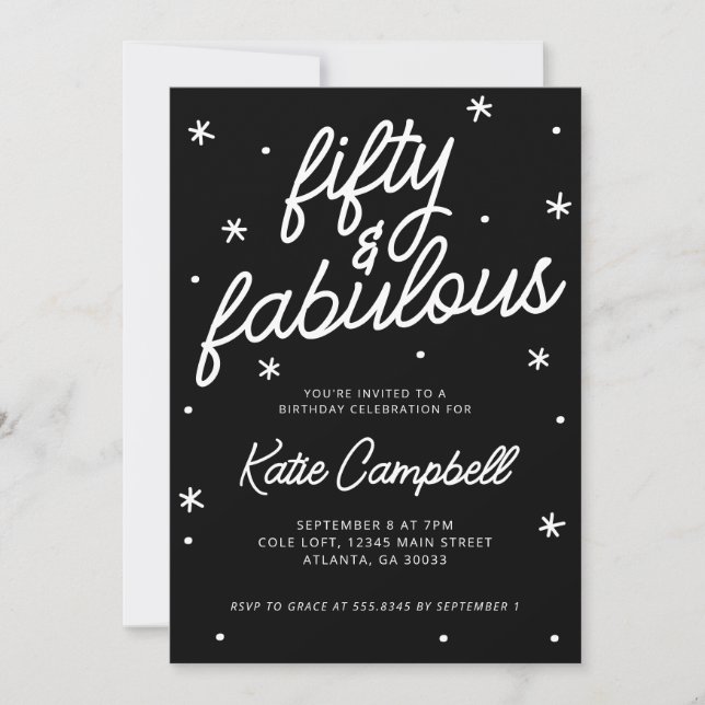 Invitación Fifty Fabulous Script Black White 50th Birthday (Anverso)