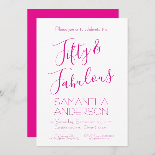Invitación Fifty Fabulous Script Pink 50th Birthday Party  (Anverso / Reverso)