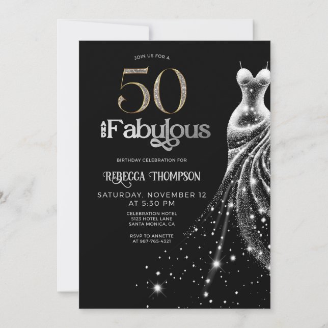 Invitación Fifty Fabulous Silver Dress Black 50th Birthday (Anverso)