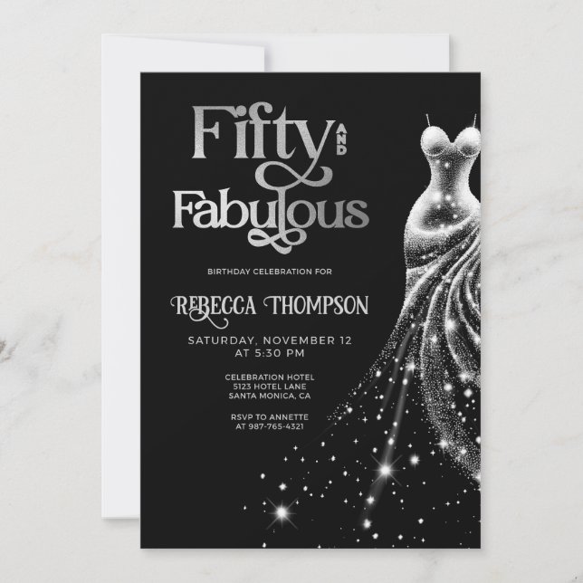 Invitación Fifty Fabulous Silver Dress Black 50th Birthday (Anverso)