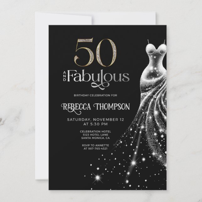 Invitación Fifty Fabulous Silver Dress Black 50th Birthday (Anverso)