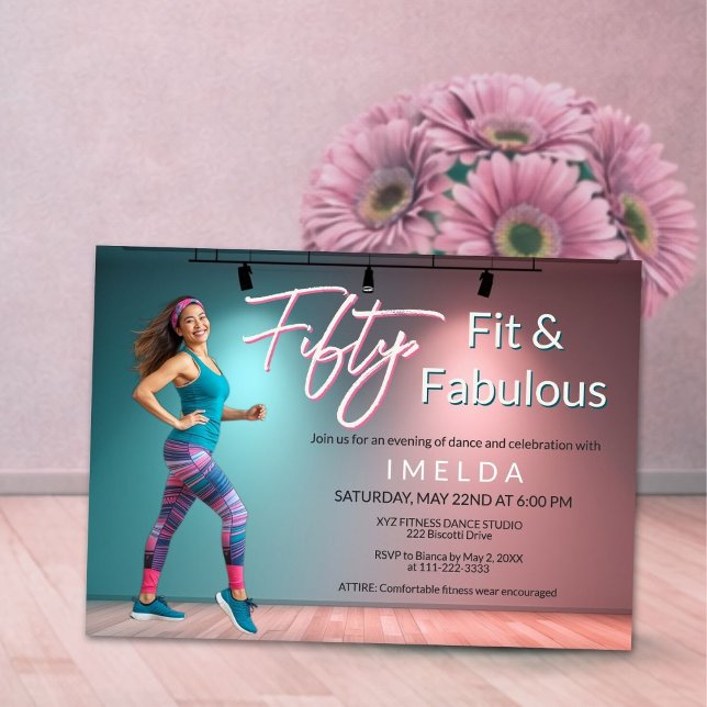 Invitación Fifty Fit and Fabulous Invitation (Fifty Fit and Fabulous dance invitation with modern typography and soft teal blush tones)