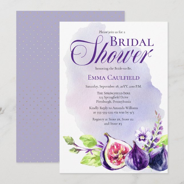 Invitación Figs Boho Purple | Peri Floral Bridal Shower (Anverso / Reverso)
