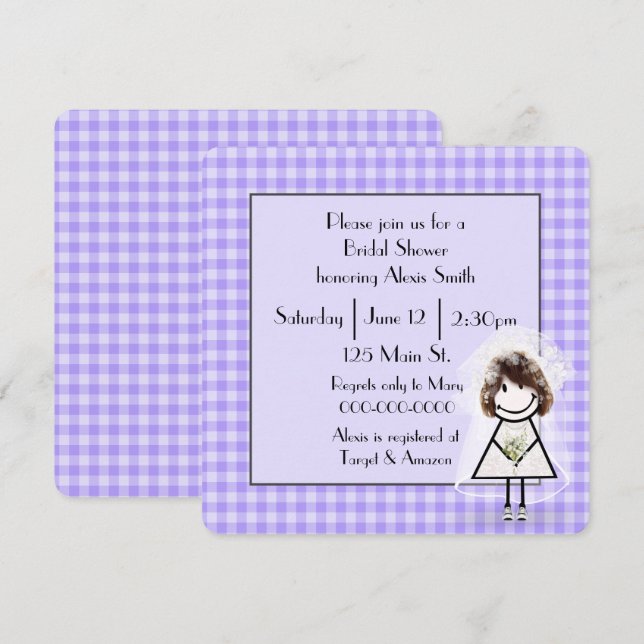 Invitación Figura De Palo Brida En Purple Gingham (Anverso / Reverso)