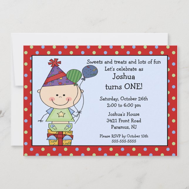 Invitación Figura de palo niño niño primer cumpleaños invitac (Anverso)