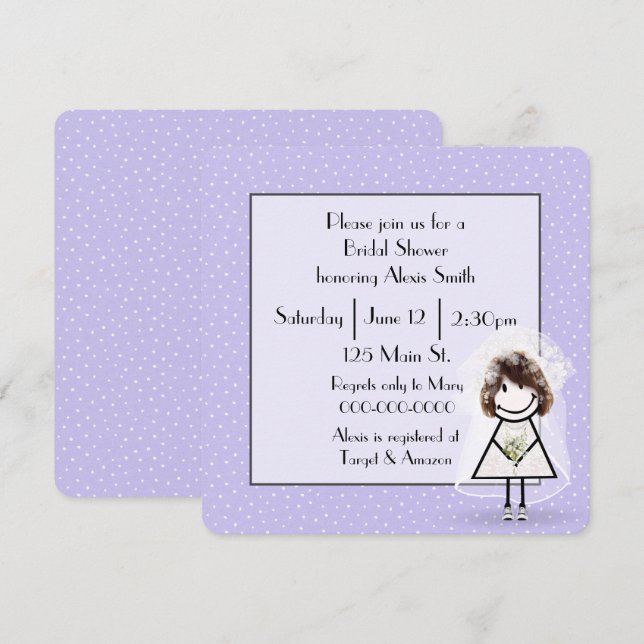 Invitación Figura de palo Novia sobre puntos de polka morado (Anverso / Reverso)