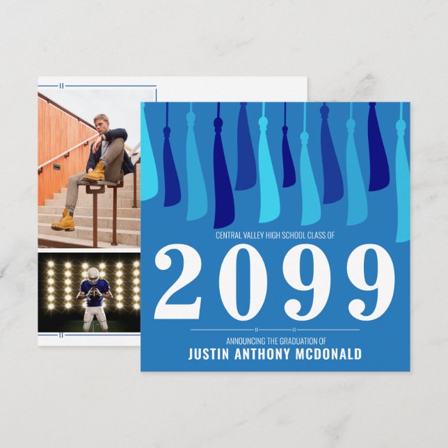 Invitación Fila azul de la graduación de dos fotos de Tassels (Anverso / Reverso)