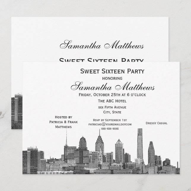 Invitación Filadelfia Black Etched Look Skyline Sweet 16 (Anverso / Reverso)