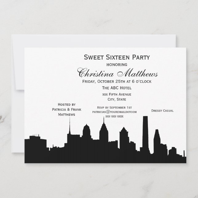 Invitación Filadelfia Black Skyline Silhouette Sweet 16 (Anverso)