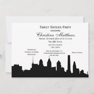 Invitación Filadelfia Black Skyline Silhouette Sweet 16
