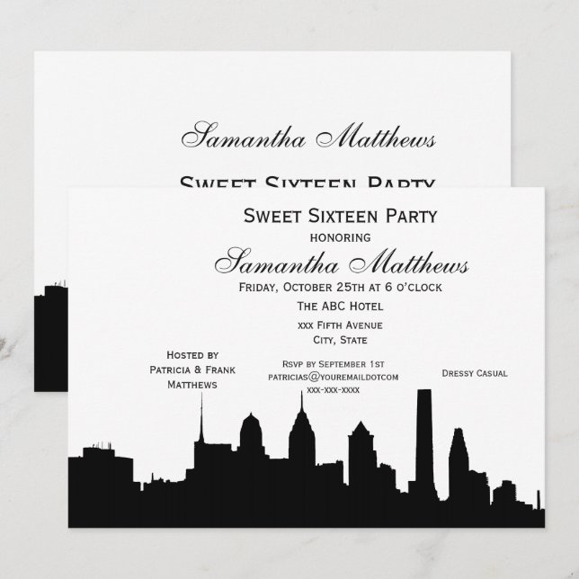 Invitación Filadelfia Black Skyline Silhouette Sweet 16 (Anverso / Reverso)