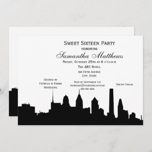 Invitación Filadelfia Black Skyline Silhouette Sweet 16
