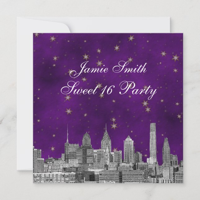 Invitación Filadelfia Skyline Purple Gold Star Sweet 16 (Anverso)