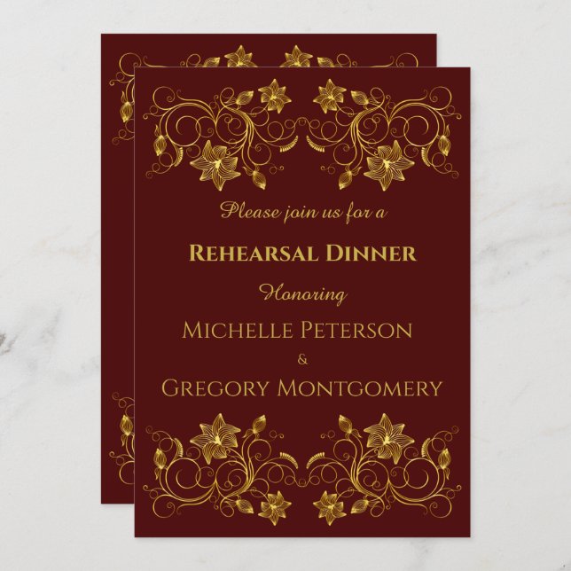 Invitación Filigree dorada amarilla en cena de ensayo en Borg (Anverso / Reverso)