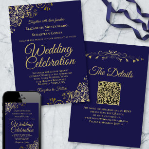 Invitación Filigree dorado en Boda de código QR elegante azul