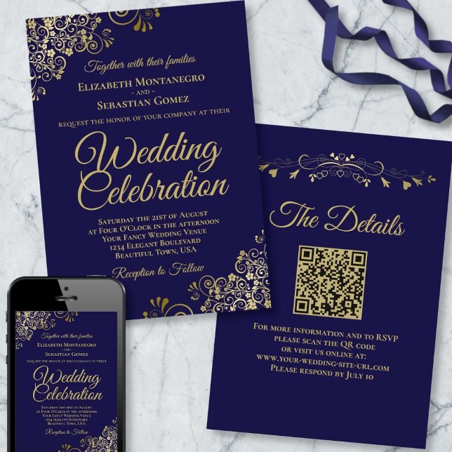 Invitación Filigree dorado en Boda de código QR elegante azul (Subido por el creador)