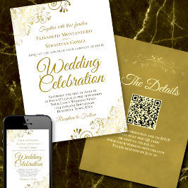 Invitación Filigree dorado en Boda elegante de código QR blan