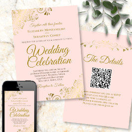 Invitación Filigree dorado en Boda elegante rosa de código QR