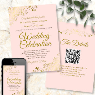 Invitación Filigree dorado en Boda elegante rosa de código QR