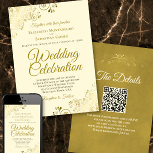 Invitación Filigree dorado en cream elegant Boda de código QR