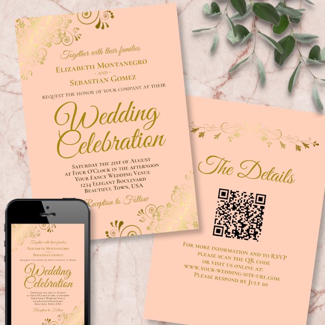 Invitación Filigree dorado en elegante Boda de código QR de P (Front/Back/Downloadable)