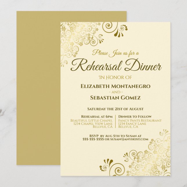 Invitación Filigree dorado en ensayo de Boda crema y cena (Anverso / Reverso)